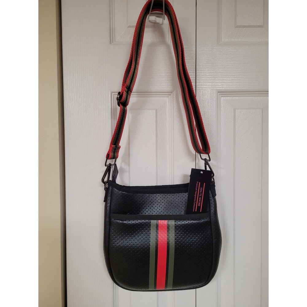 Haute Shore Black Perforated Neoprene Crossbody Bag Red Green Stripe Vegan NWT